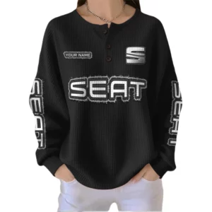 Seat Women’s Waffle Knit Button V-Neck Sweater Customize Name