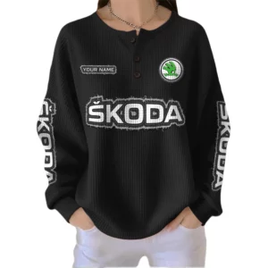 Skoda Women’s Waffle Knit Button V-Neck Sweater Customize Name