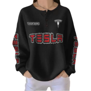 Tesla Women’s Waffle Knit Button V-Neck Sweater Customize Name